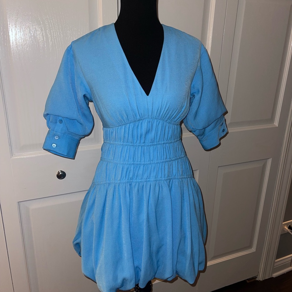 SIMKHAI $395 Diem Gauze Short-Sleeve Mini Bubble Dress
